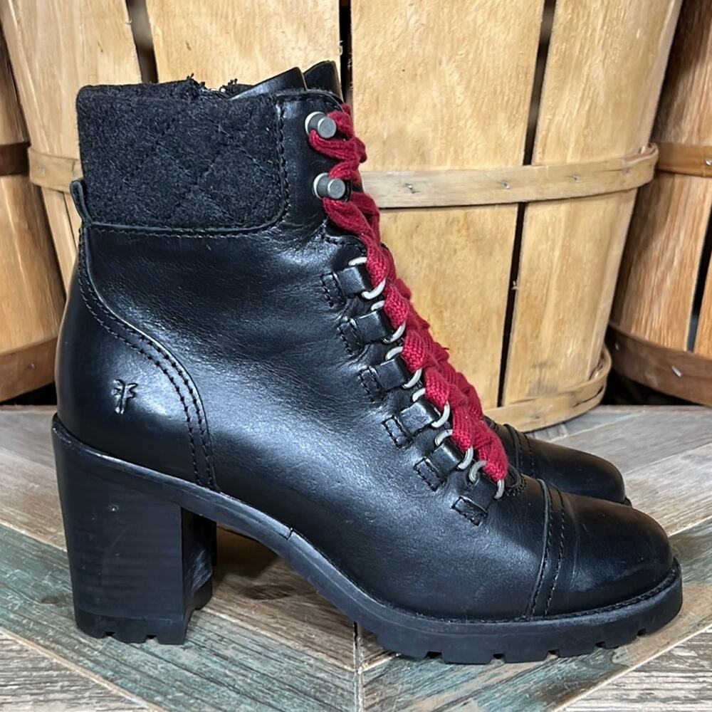 Frye Addie Hiker Black Leather Retro Red Lace Up Heeled Boots Womens Size 7